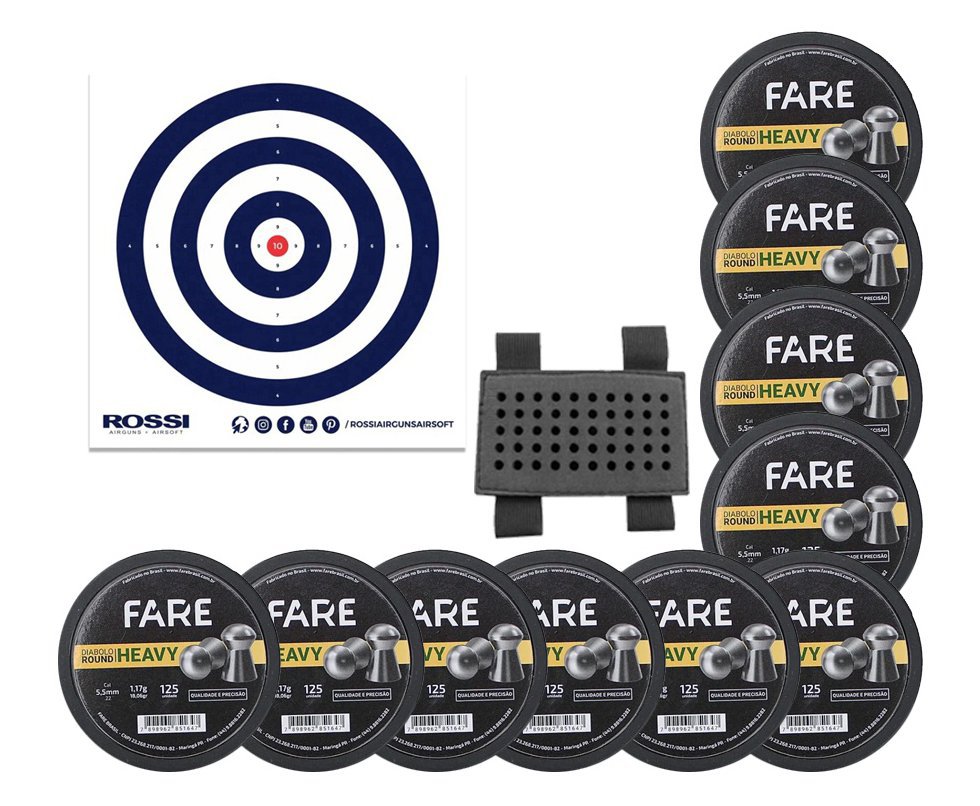 Kit 10 Cx Chumbinho Diabolo Fare Heavy 5,5mm 125un - Fare + Porta Chumbinho + Alvos