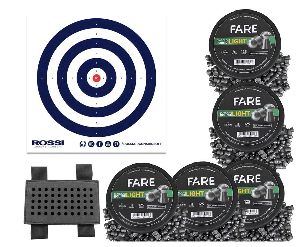 Kit 05 Cx Chumbinho Diabolo light 5,5mm 125un - Fare + Porta Chumbinho + Alvos