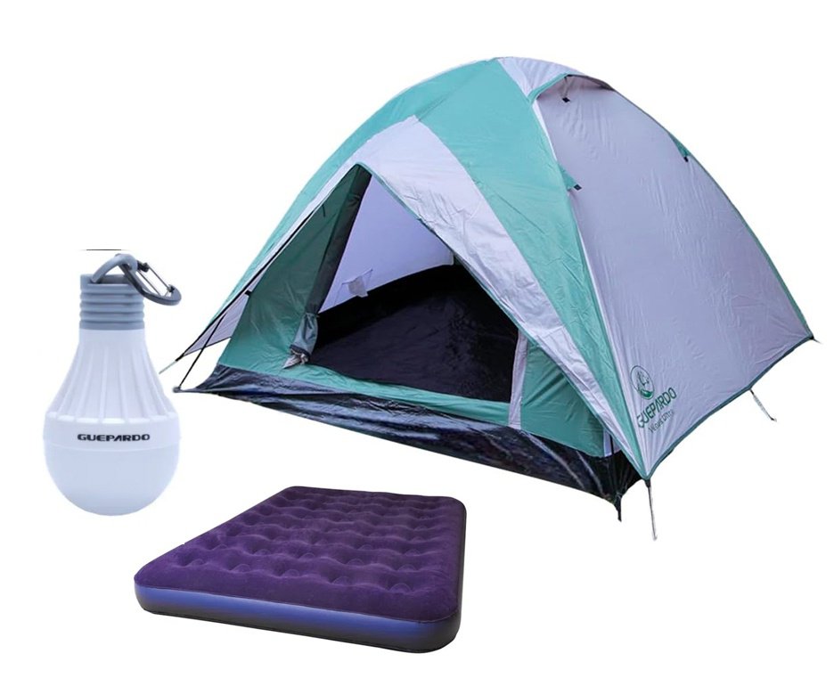 Barraca Guepardo News Venus Ultra PRO 4 Pessoas 2500mm Coluna D Agua - VD/CZ + Colchão Inflável Casal suporta 200kg + Lâmpada Inteligente