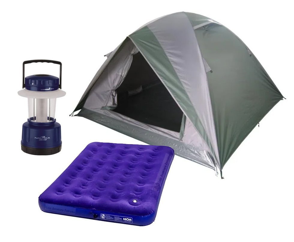 Barraca Guepardo News Venus Ultra PRO 4 Pessoas 2500mm Coluna D Agua - VD/CZ + Colchão Inflável Casal suporta 200kg  + Lampião Ledlamp - Nautika