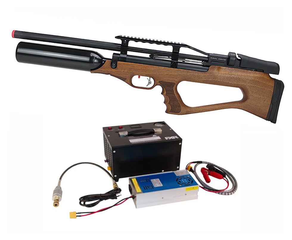 Carabina de Pressão PCP Bull Pup Puncher Empire X Wood 5.5mm 600cc - Kral Arms + Compressor Portátil De Alta Pressão Para Pcp 12v Dc / Bivolt 110/220v Fxr