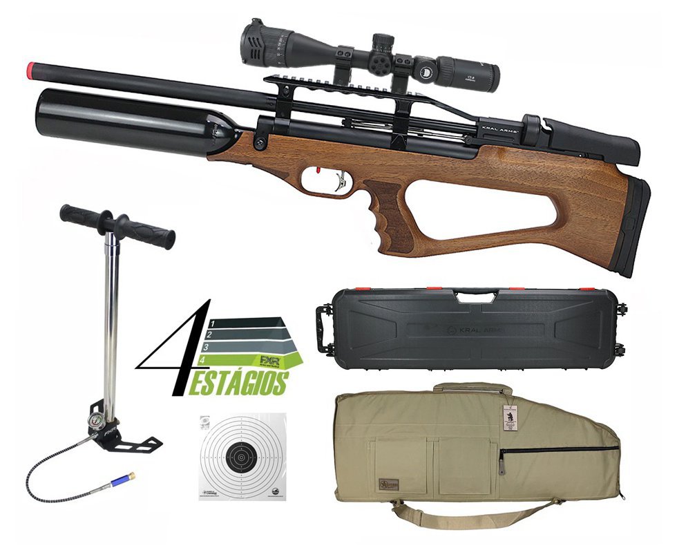 Carabina PCP Bull Pup Puncher Empire X Wood 5,5 + Bomba 4 Estágios + Case/Capa + Luneta 4-16×42 + Alvos