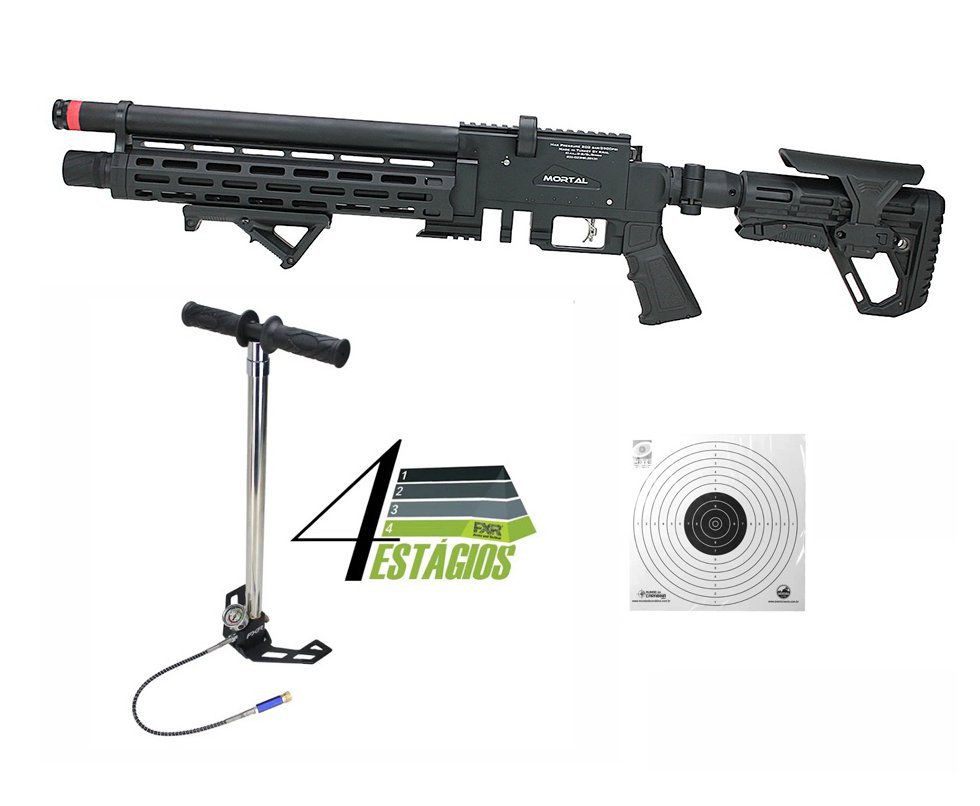 Carabina PCP Puncher Mortal X Tactical 5.5 + Bomba 4 Estágios + Alvos