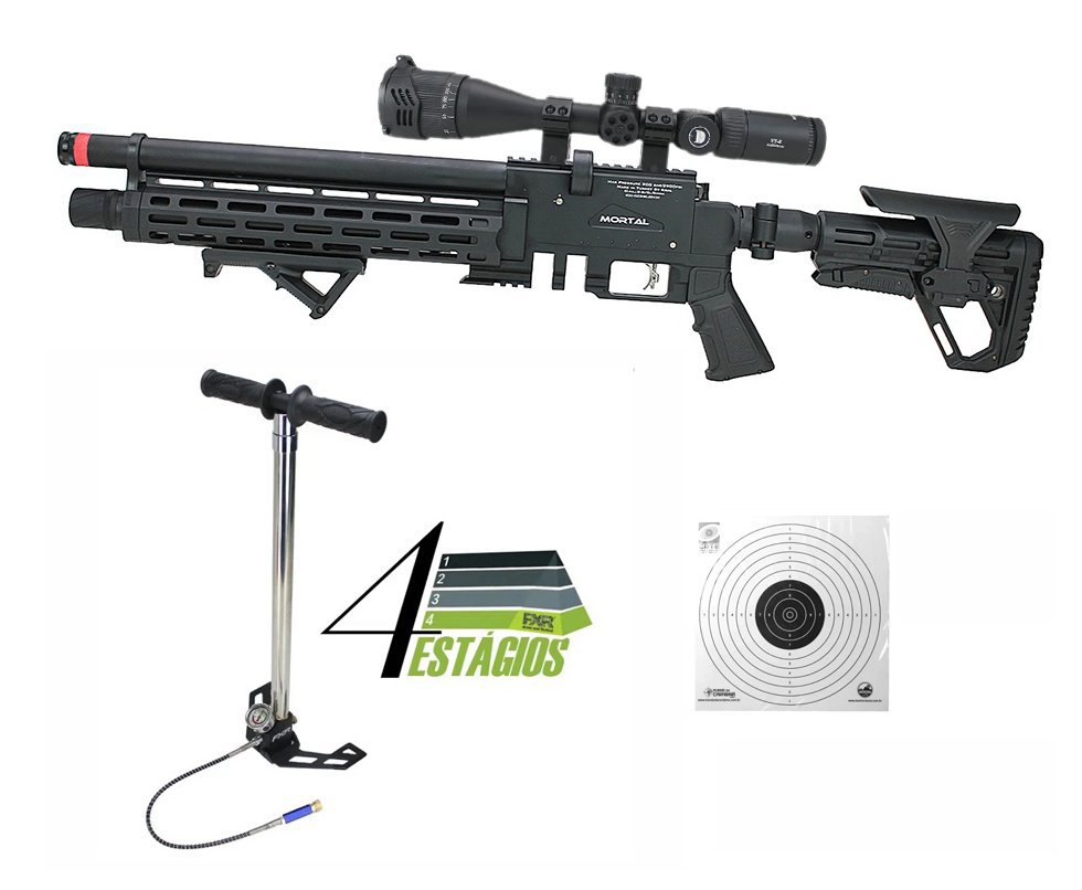Carabina PCP Puncher Mortal X Tactical 5.5 + Bomba 4 Estágios + Alvos + Luneta 4-16×42