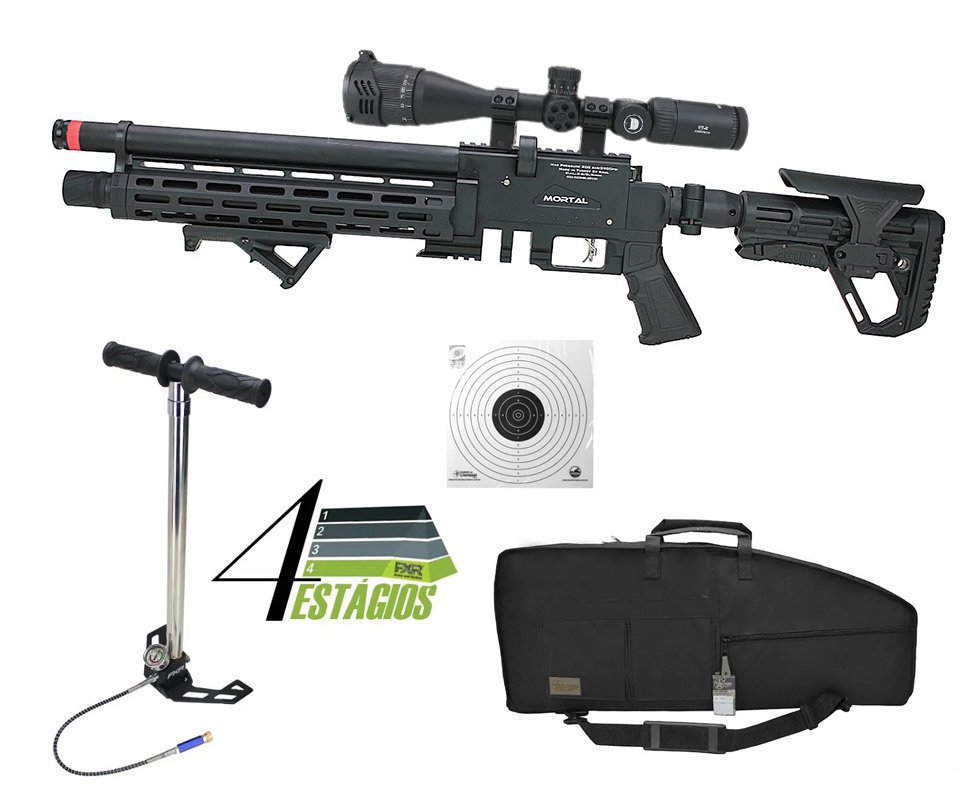 Carabina PCP Puncher Mortal X Tactical 5.5 + Bomba 4 Estágios + Alvos + Luneta  4-16×42 + Case / Capa
