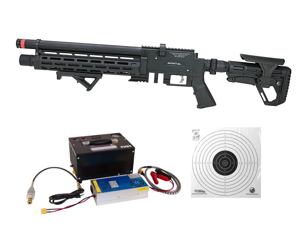 Carabina PCP Puncher Mortal X Tactical 5.5 + Compressor Portátil + Alvos