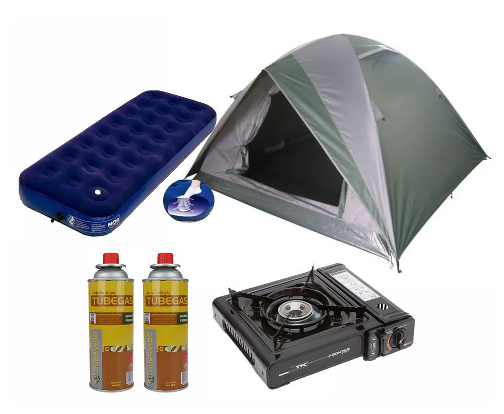 Barraca Guepardo News Vênus Ultra PRO 3 Pessoas 2500mm Coluna D' Água - Verde + Colchão casal + Fogareiro + 02 Refil de gás