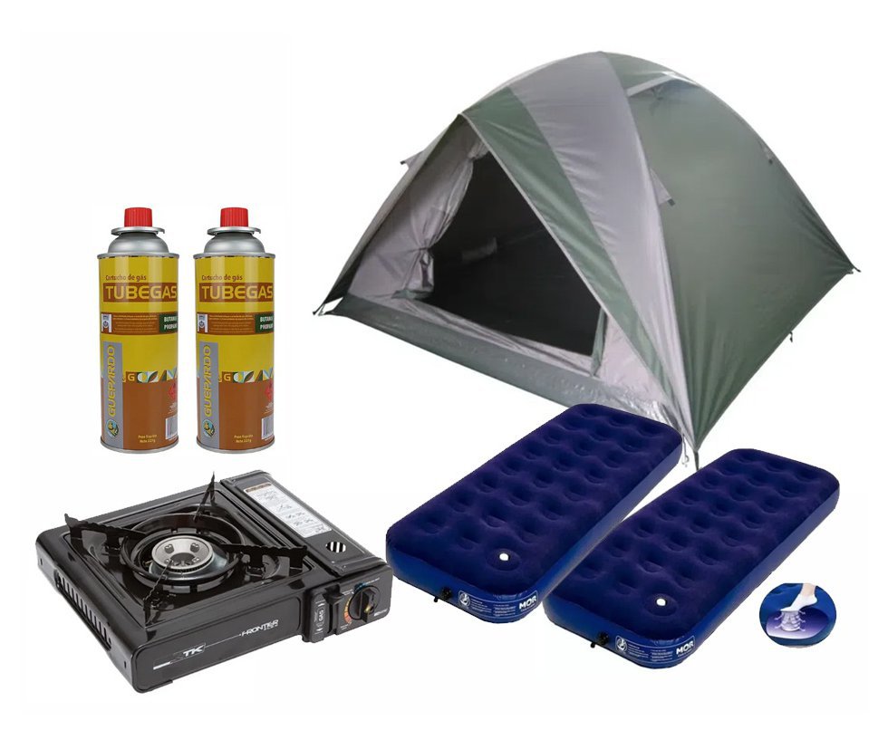 Barraca Guepardo News Vênus Ultra PRO 3 Pessoas 2500mm Coluna D' Água - Verde + 2 Colchão Inflável Solteiro + Fogareiro + 2 Refil Gás