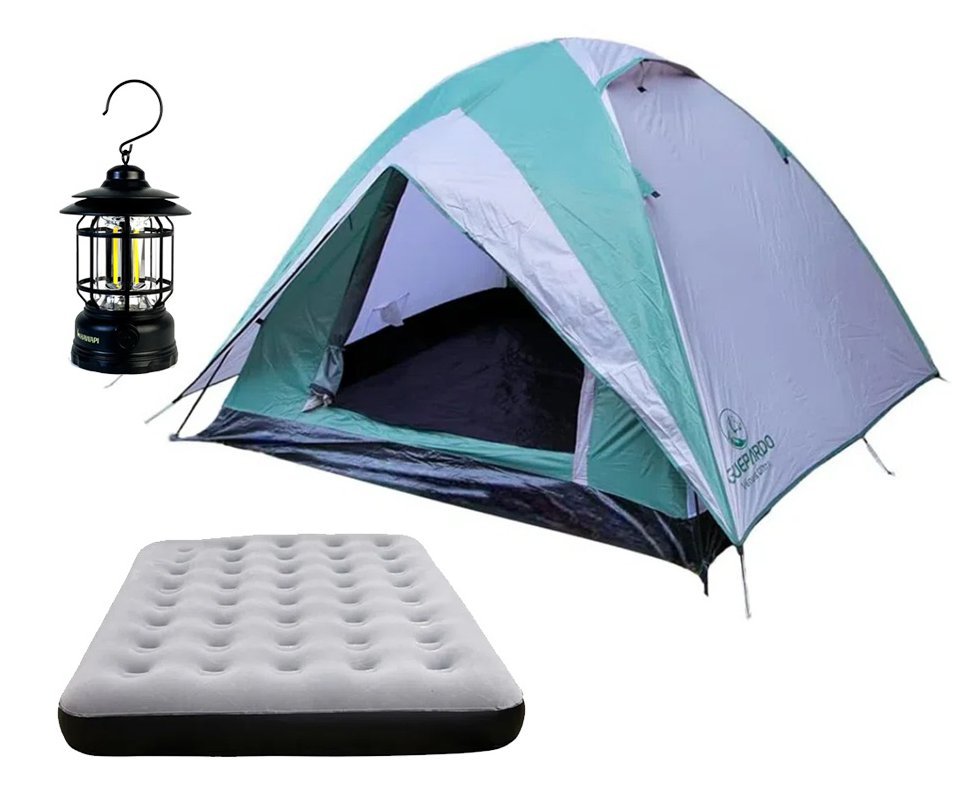 Barraca Guepardo News Venus Ultra PRO 5 Pessoas 2500mm Coluna D Agua - VD/CZ - Nautika + Colchão Inflável Casal suporta 200kg - Nautika + Lampião Ledlamp