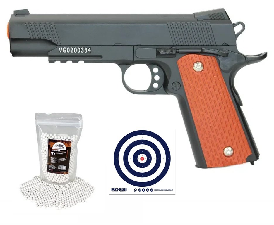 Pistola De Airsoft Vg 1911 V13 Full Metal Spring 6mm + BBs + Alvos