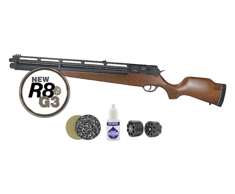 Carabina De Pressão PCP Rossi R8 G3 Madeira STD 6.35mm 8 Tiros Alto Fluxo