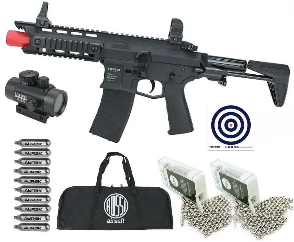 Rifle de Pressão CO2 AR15 Dragon Full Auto 4,5 + BBS + CO2 + Capa + Red Dot + Alvos