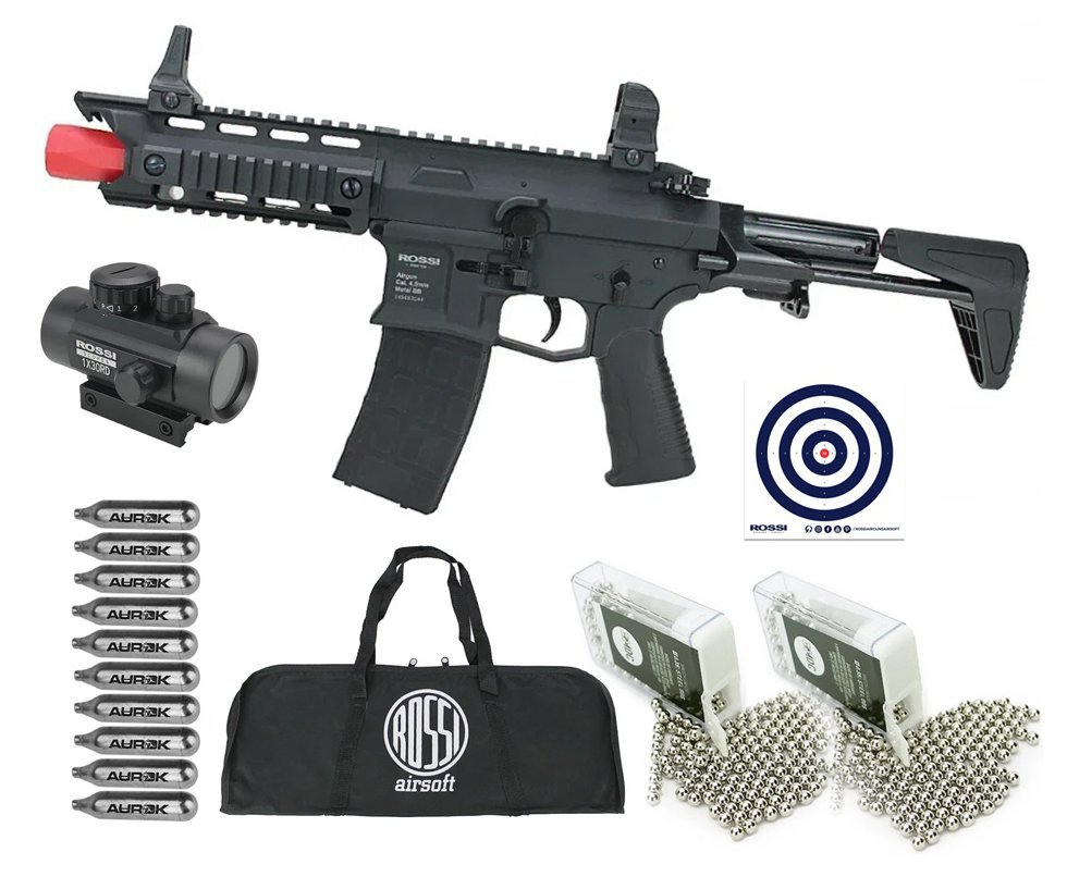 Rifle de Pressão CO2 AR15 Dragon Full Auto 4,5 + BBS + CO2 + Capa + Red Dot + Alvos