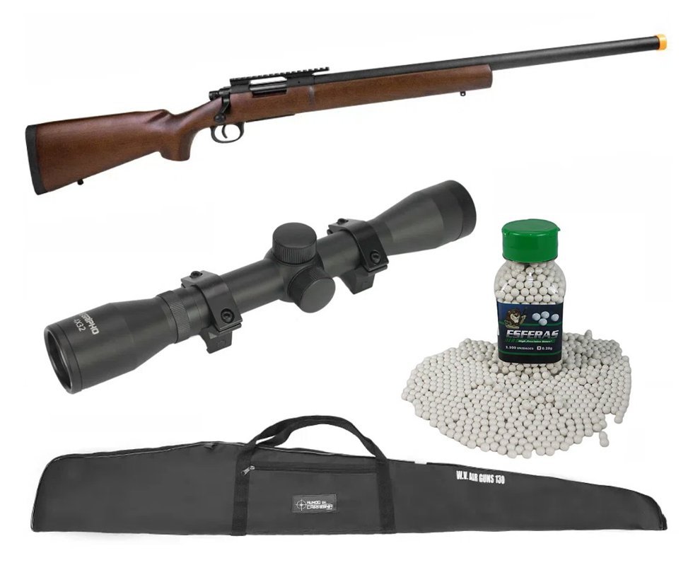 Rifle Airsoft Sniper M24 Storm Wood + Luneta 4x32 + Capa + BBS