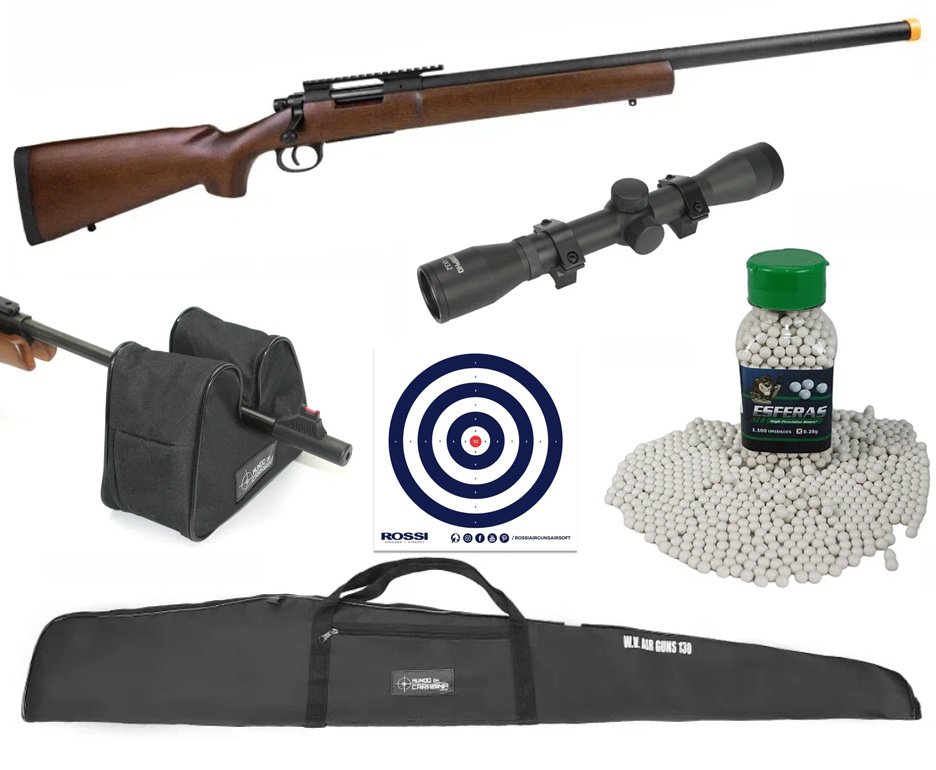 Rifle Airsoft Sniper M24 Storm Wood + Luneta 4x32 + Capa + BBS + Alvos + Sand Bag