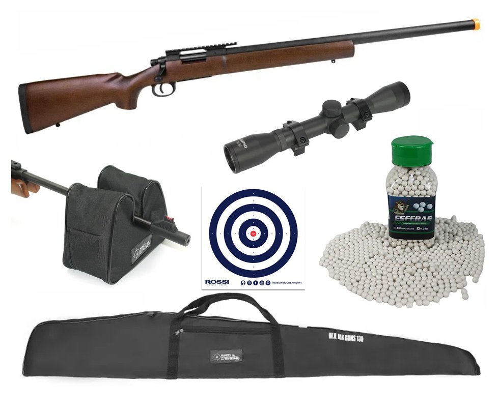 Rifle Airsoft Sniper M24 Storm Wood + Luneta 4x32 + Capa + BBS + Alvos + Sand Bag