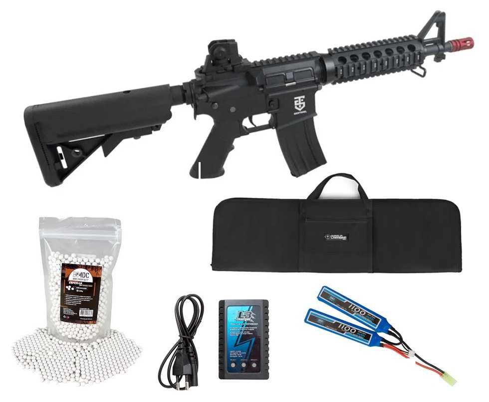 Rifle Airsoft Neptune M4 Sentinel CQB-R Full Metal + Carregador + Bateria + Capa + BBS + Red Dot + Alvos