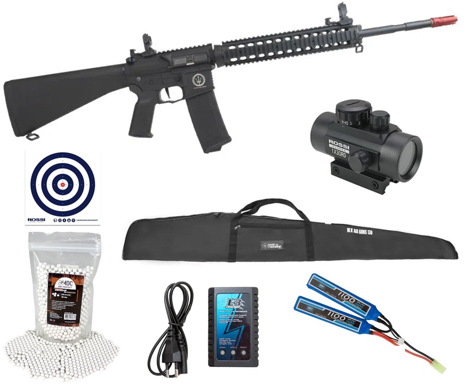 Rifle Airsoft AR15 10” DMR PLUS + Carregador + Bateria + BBS + Capa + Alvos + Red Dot