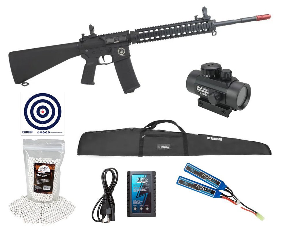 Rifle Airsoft AR15 10” DMR PLUS + Carregador + Bateria + BBS + Capa + Alvos + Red Dot