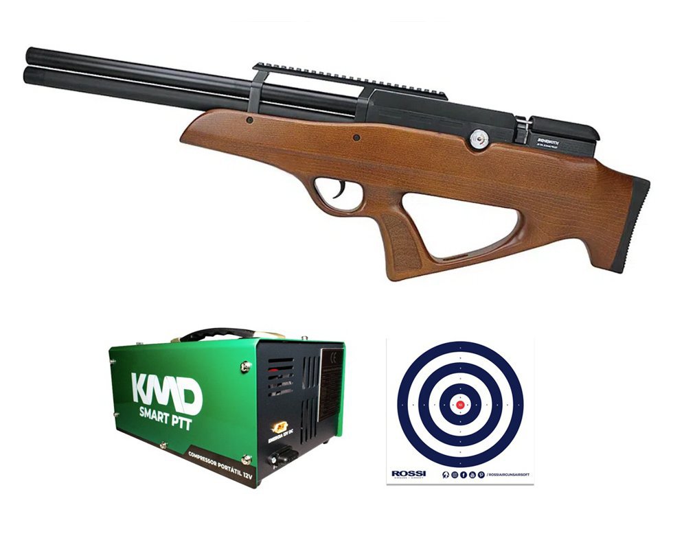 Carabina de Pressão PCP Behemoth PS-R2-SF 5,5mm Wood - Nova Vista + Compressor portátil 300BAR 110V/220V/12V + Alvos
