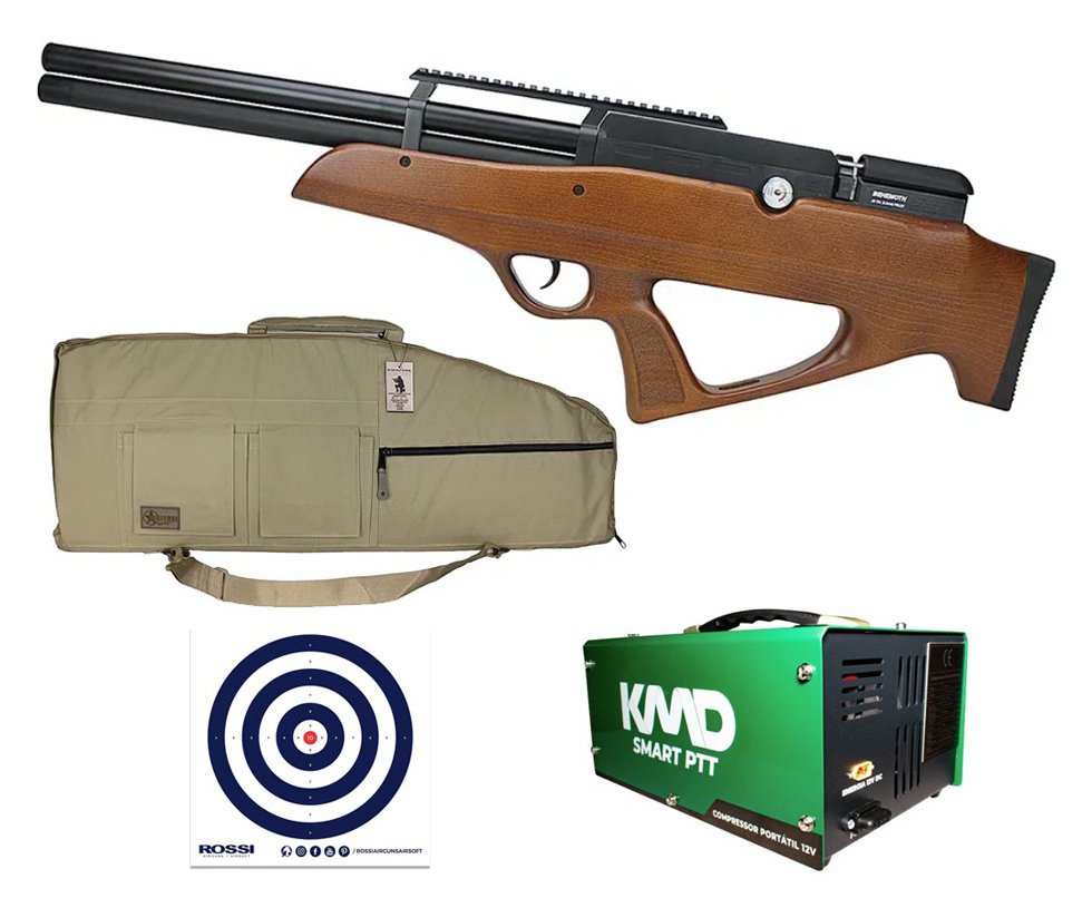 Carabina de Pressão PCP Behemoth PS-R2-SF 5,5mm Wood - Nova Vista + Compressor  portátil 300BAR 110V/220V/12V + Case Estojo Premium + Alvos