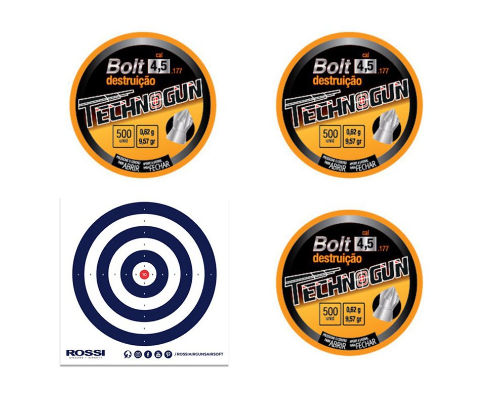 Kit com 3 caixas de Chumbinho Bolt Cal 4,5- 500 Pcs + Alvos 40 Unds