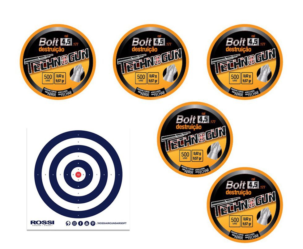 Kit com 5 caixas de Chumbinho Bolt Cal 4,5- 500 Pcs + Alvos 40 Unds