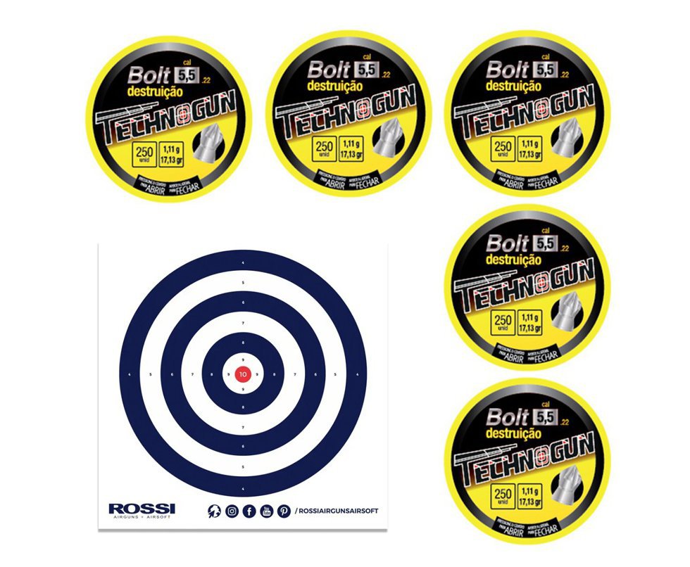 Kit com 5 caixas de Chumbinho Bolt Destruição 5,5 - 250 Pcs + Alvos 40 Unds