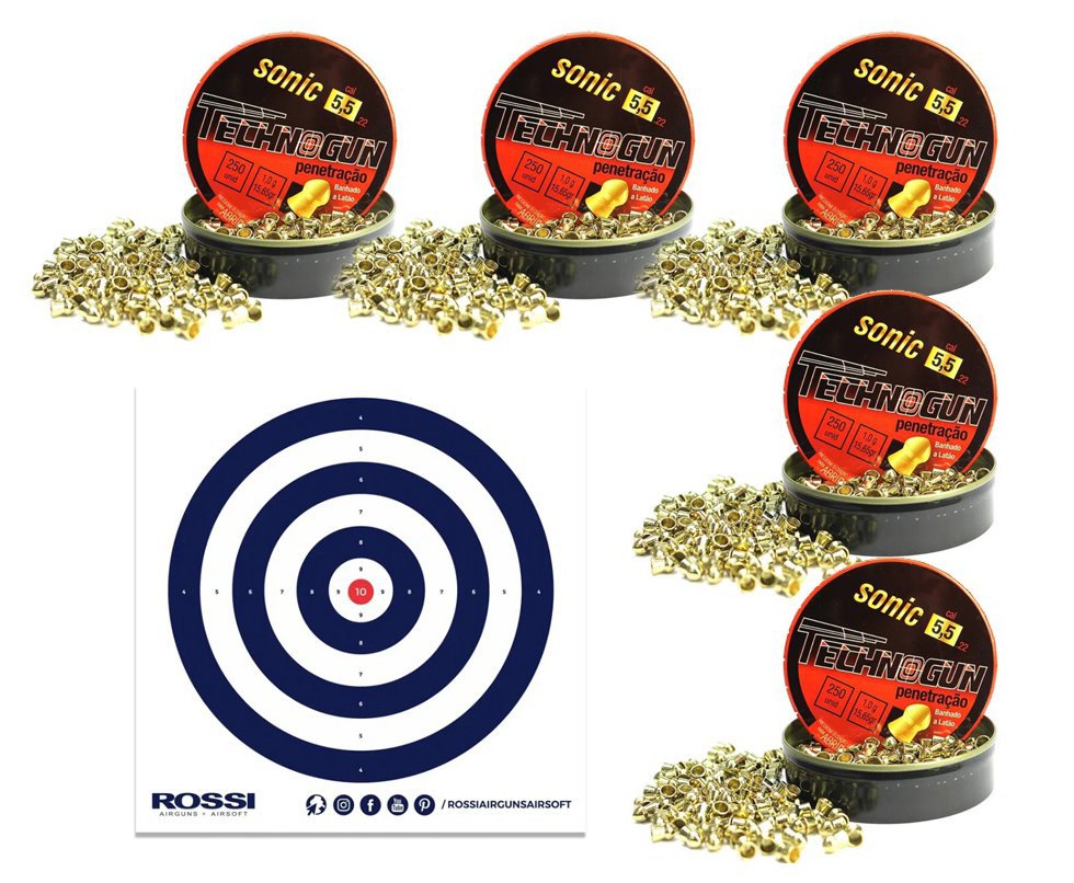 Kit com 5 Caixas de chumbinho Sonic Gold Latonado 5,5 - 250 Unid + Alvos 40 Unds