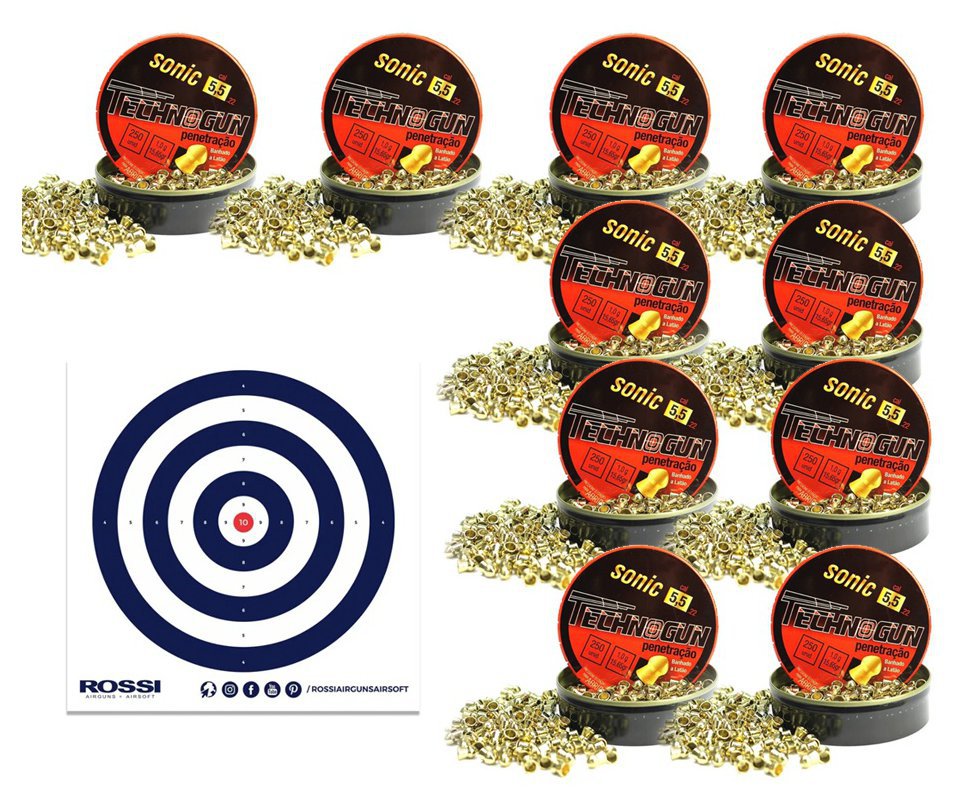 Kit com 10 Caixas de chumbinho Sonic Gold Latonado 5,5 - 250 Unid + Alvos 40 Unds