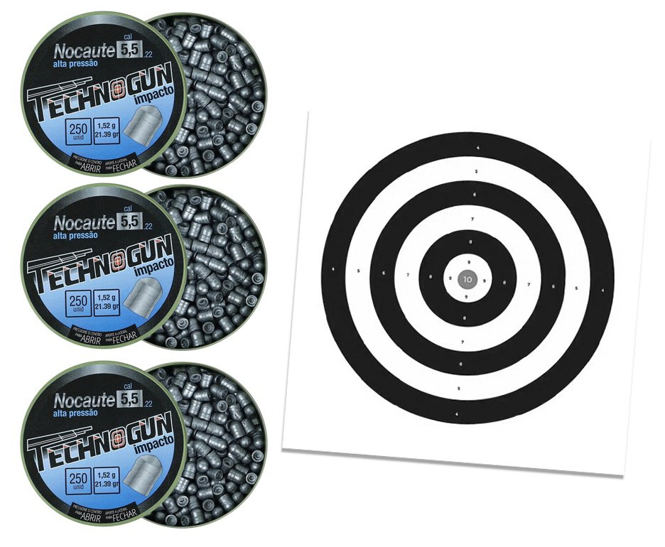 Kit com 3 Caixas de Chumbinho Technogun Nocaute Impacto 5,5 - 250uni + Alvos 40 Unds