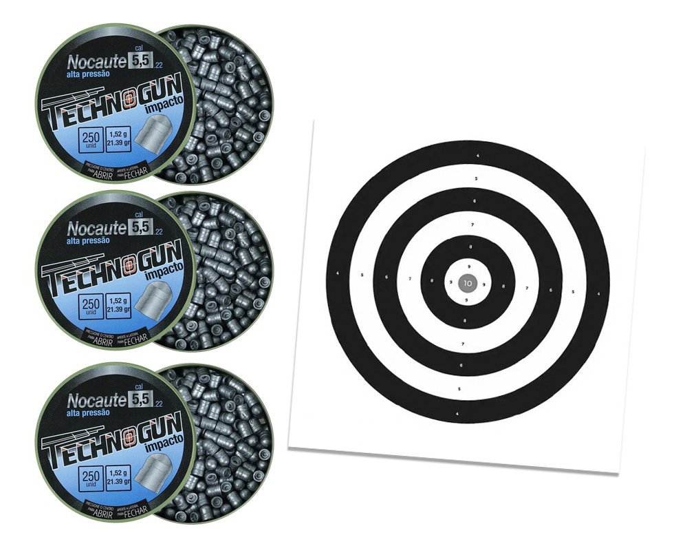 Kit com 3 Caixas de Chumbinho Technogun Nocaute Impacto 5,5 - 250uni + Alvos 40 Unds