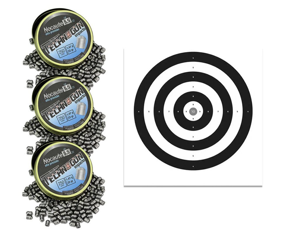 Kit com 3 Caixas de Chumbinho Technogun Nocaute Impacto 5,5 - 250uni + Alvos 40 Unds