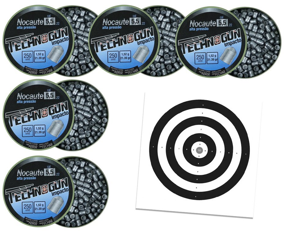 Kit com 5 Caixas de Chumbinho Technogun Nocaute Impacto 5,5 - 250uni + Alvos 40 Unds