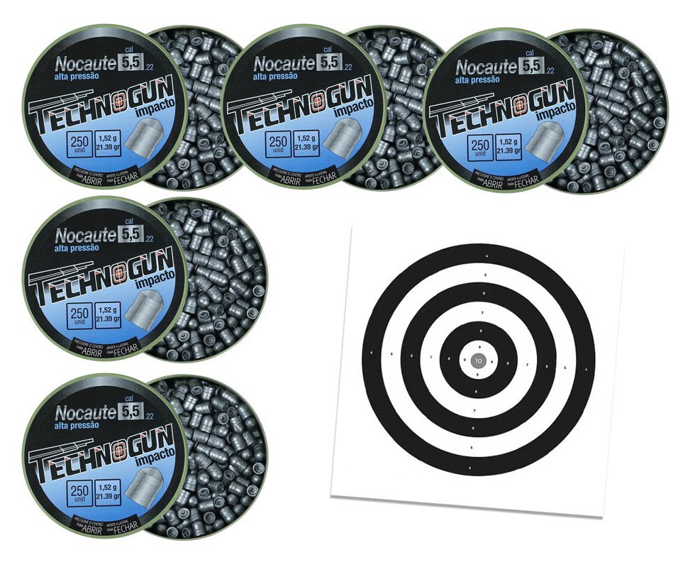Kit com 5 Caixas de Chumbinho Technogun Nocaute Impacto 5,5 - 250uni + Alvos 40 Unds