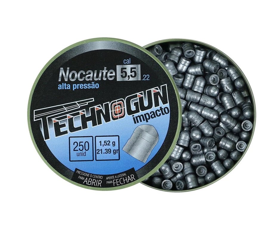 Kit com 5 Caixas de Chumbinho Technogun Nocaute Impacto 5,5 - 250uni + Alvos 40 Unds