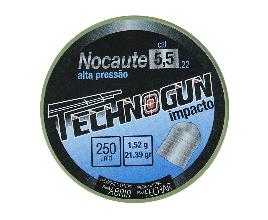 Kit com 5 Caixas de Chumbinho Technogun Nocaute Impacto 5,5 - 250uni + Alvos 40 Unds
