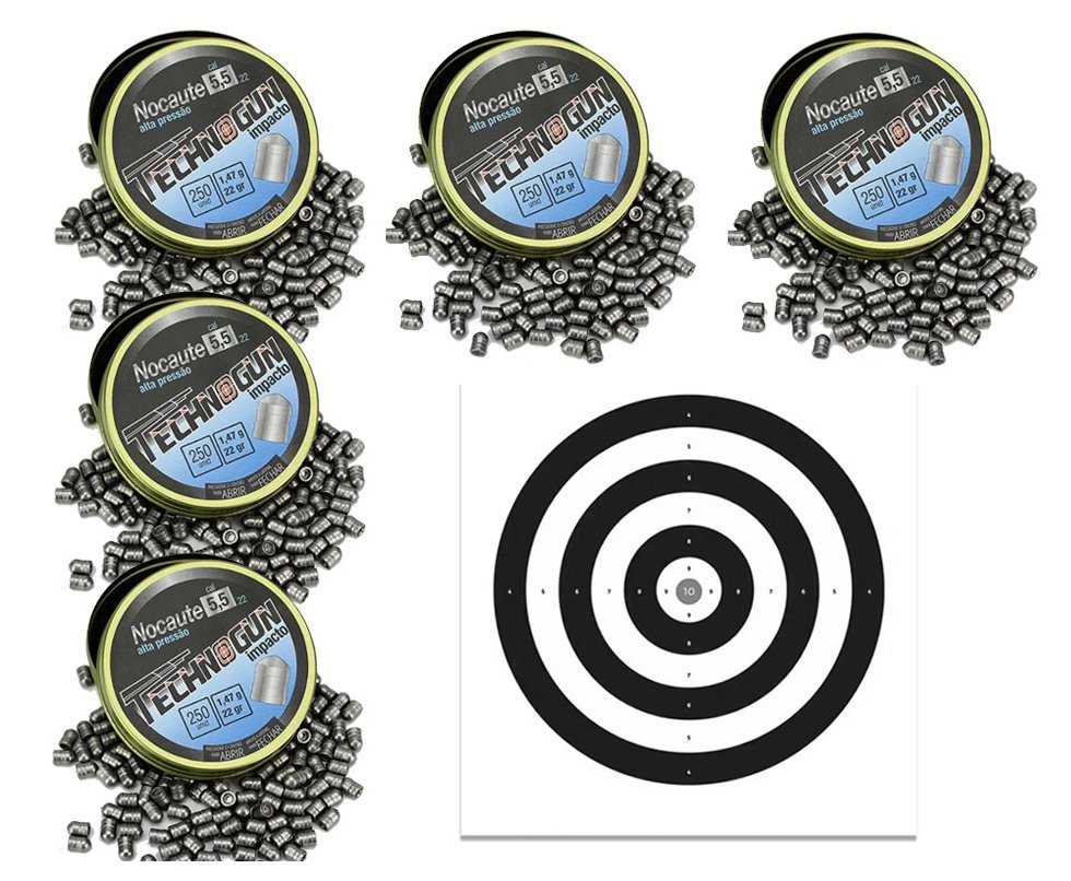 Kit com 5 Caixas de Chumbinho Technogun Nocaute Impacto 5,5 - 250uni + Alvos 40 Unds