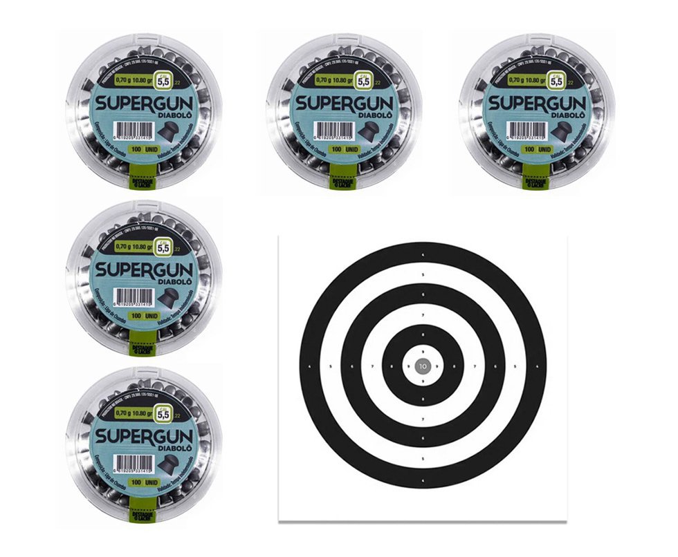 Kit com 5 Caixas de Chumbinho Diabolô 5.5mm 100 und + Alvos 40 Unds