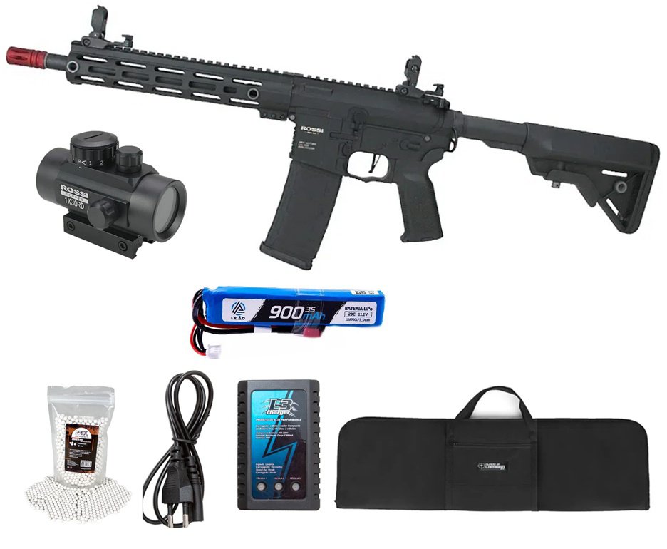 Rifle Airsoft AEG AR15 Neptune 10" Plus Gatilho ETU Programável 6mm - Rossi + Bateria + Carregador + Capa + BBS + Red Dot