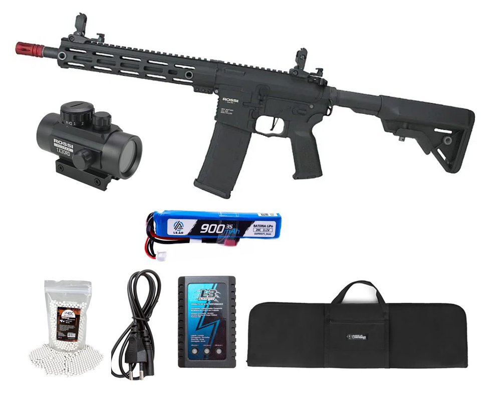 Rifle Airsoft AEG AR15 Neptune 10" Plus Gatilho ETU Programável 6mm - Rossi + Bateria + Carregador + Capa + BBS + Red Dot