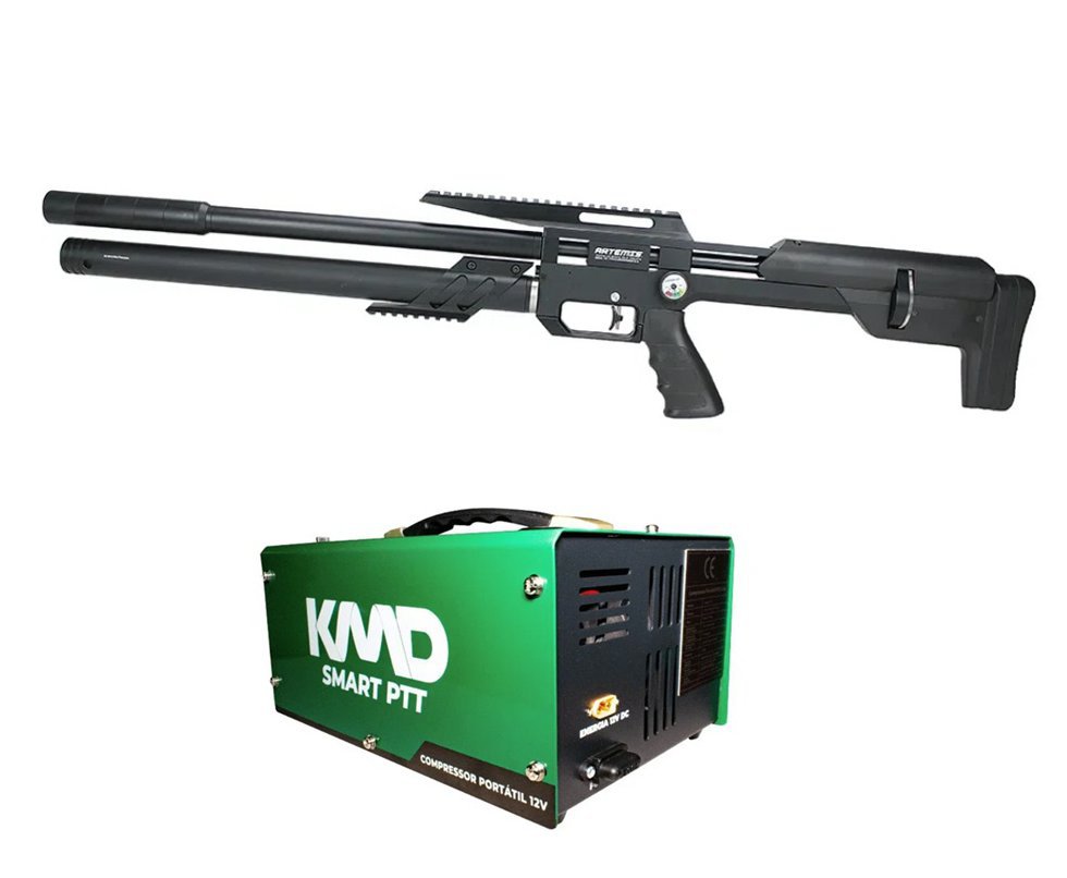 Carabina PCP Artemis M60 Bull Pup 5.5 Slayer Black 20 Tiros - FXR Artemis + Compressor de ar para PCP Compacto portátil 300BAR 110V/220V/12V