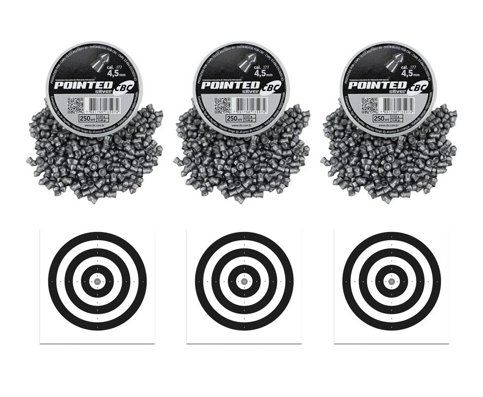 Kit com 3 Caixas de Chumbinho CBC Pointed Silver 4,5 + Alvos