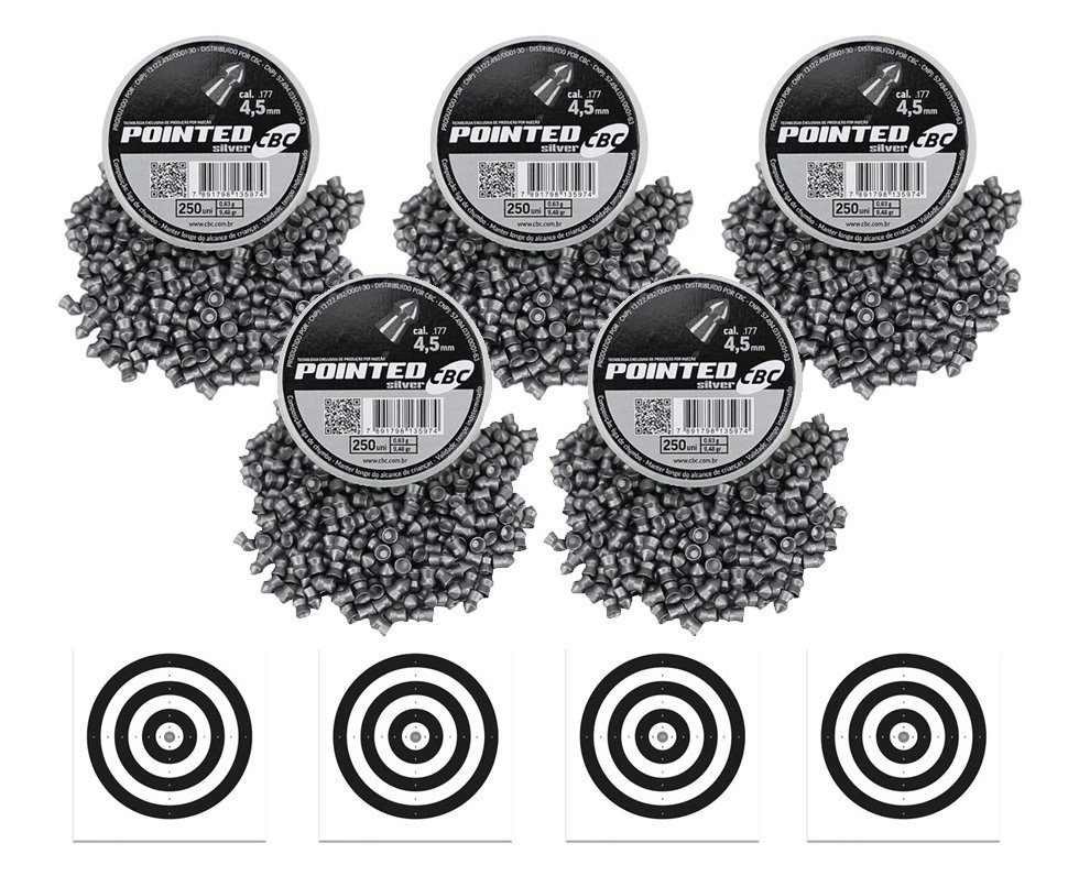 Kit com 5 Caixas de Chumbinho CBC Pointed Silver 4,5 + Alvos