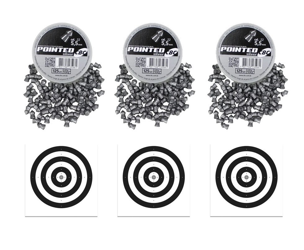 Kit com 3 Caixas de Chumbinho CBC Pointed Silver 5,5 Perfuração + Alvos
