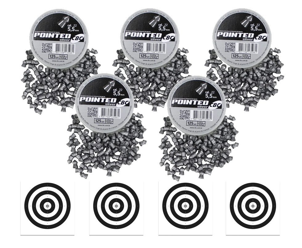 Kit com 5 Caixas de Chumbinho CBC Pointed Silver 5,5 Perfuração + Alvos