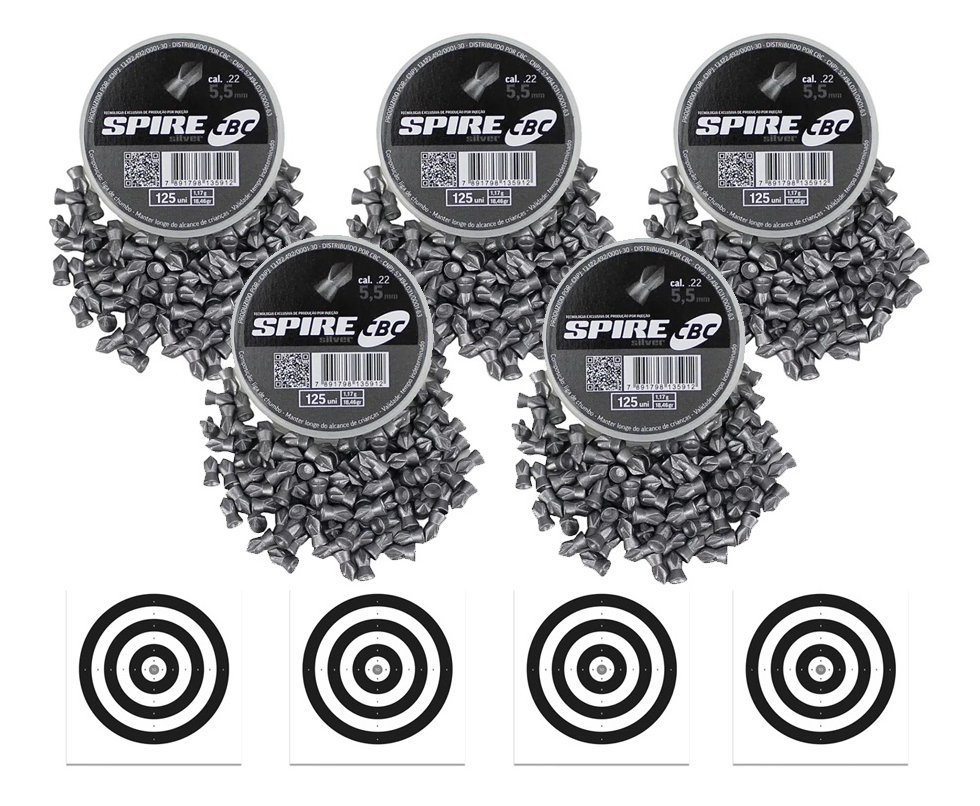 Kit com 5 Caixas de Chumbinho CBC Spire Silver 5,5 + Alvos