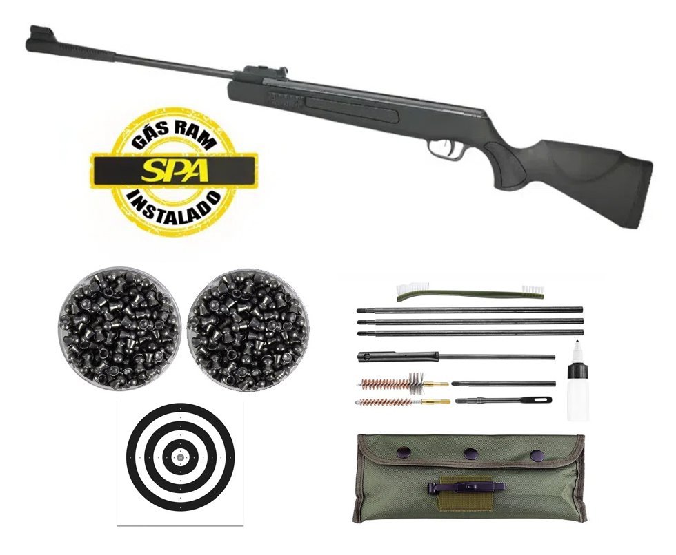 Carabina De Pressão SR1400 Everest Black 5,5mm Gas Ram 70kg Instalado SPA + Kit Churrasco + Chumbinho + Kit Limpeza + Alvos