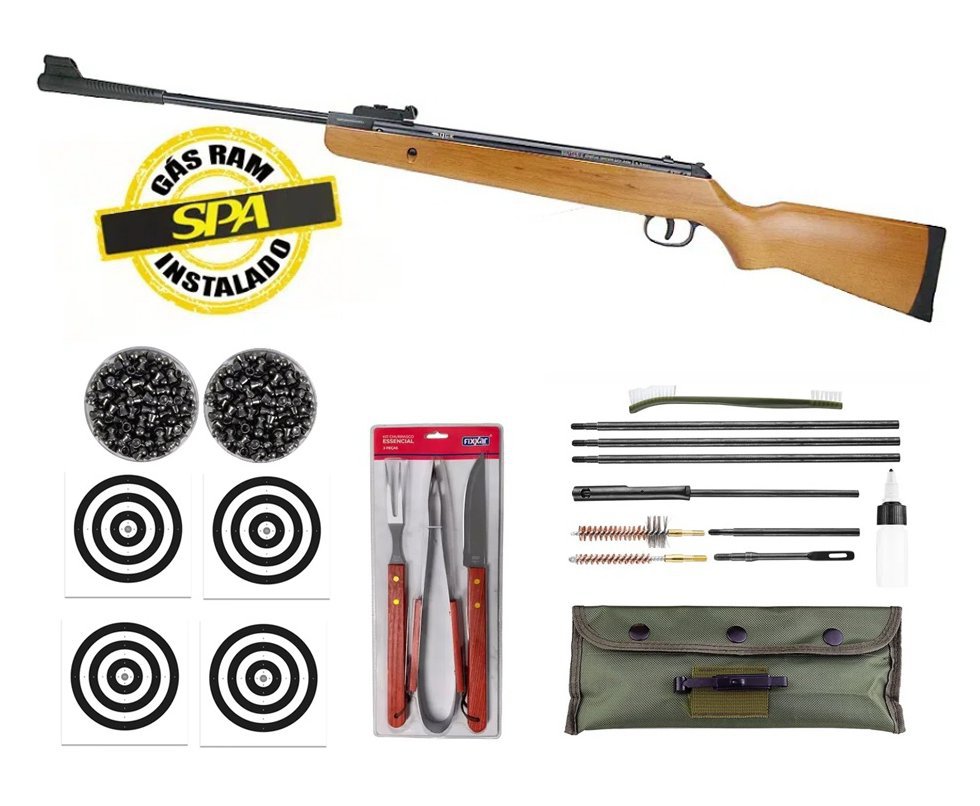 Carabina De Pressão Raptor Ii Gas Ram 70kg Madeira 5,5mm Qgk By Spa + Kit churrasco + Chumbinho + Kit limpeza + Alvos