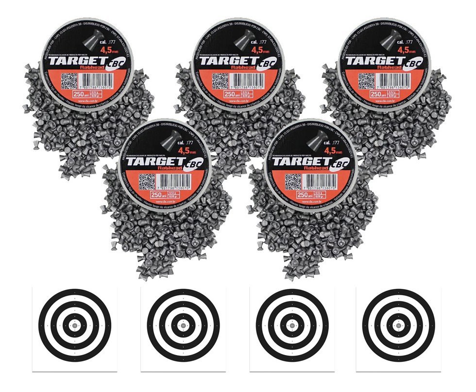 Kit com 5 Caixas de Chumbinho CBC Target Flathead 4,5 + Alvos